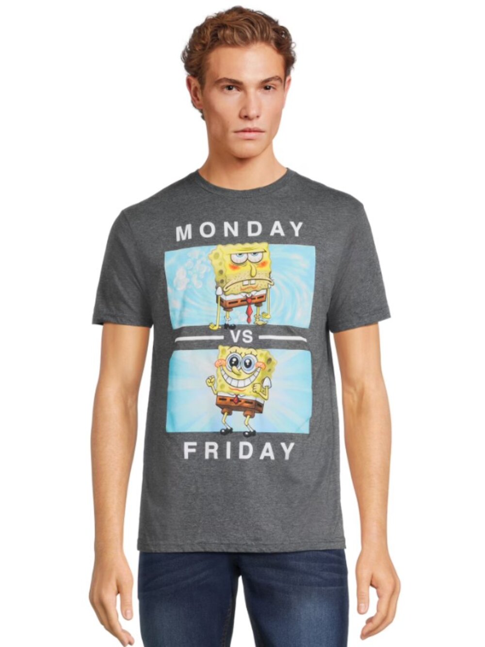Nickelodeon SpongeBob T-Shirt Men XL Grey Monday vs Friday Graphic Short Sleeves